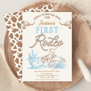 Vintage Blue Brown Cowboy First Rodeo 1st Birthday Invitation