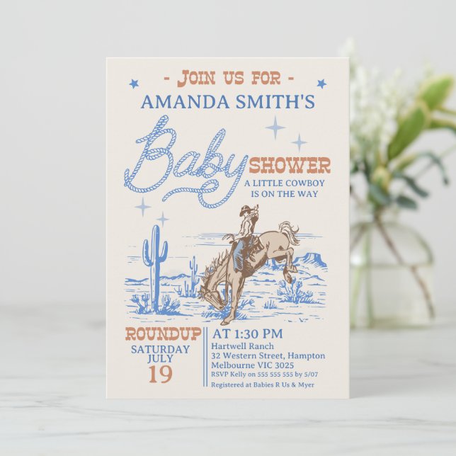 Vintage Blue Brown Rodeo Cowboy Baby Shower Invitation (Standing Front)