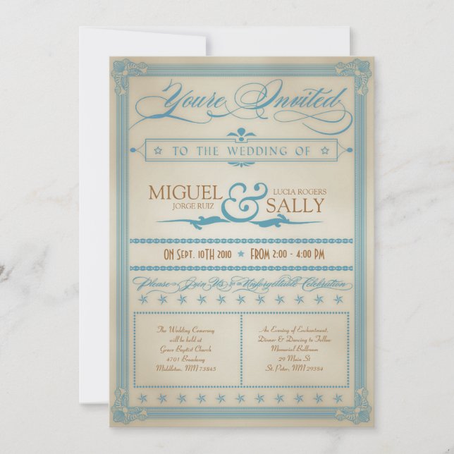 Vintage Blue & Brown Wedding Invitation (Front)