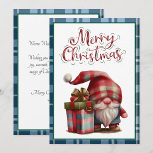 Vintage Blue Buffalo Plaid Watercolor Red Gnome Holiday Card