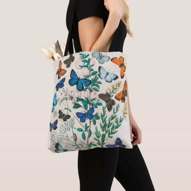 Vintage Blue Butterflies Illustration Tote Bag (Close Up)