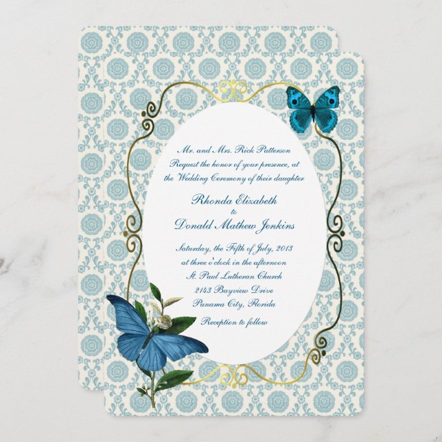 Vintage Blue Butterflies Wedding Invitation (Front/Back)