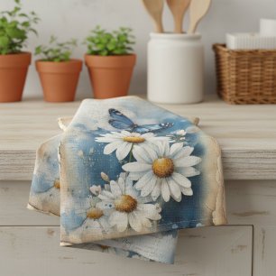Vintage Blue Butterfly and Daisies   Farmhouse Tea Towel