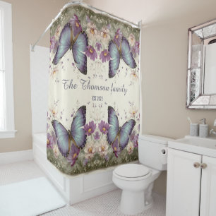 Vintage Blue Butterfly and Floral for Family Shower Curtain