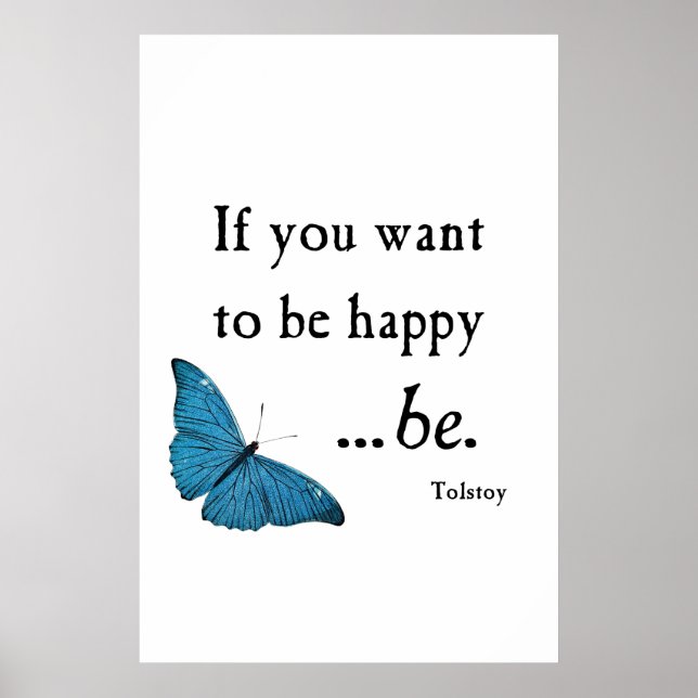 Vintage Blue Butterfly and Tolstoy Happiness Quote Poster (Front)