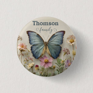 Vintage Blue Butterfly Floral Garden Family 3 Cm Round Badge