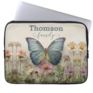 Vintage Blue Butterfly Floral Garden Family Laptop Sleeve