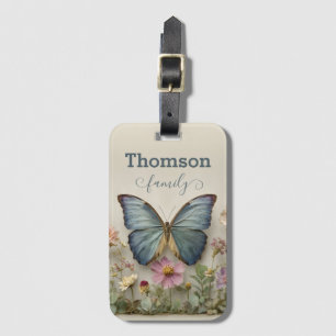 Vintage Blue Butterfly Floral Garden Family Luggage Tag