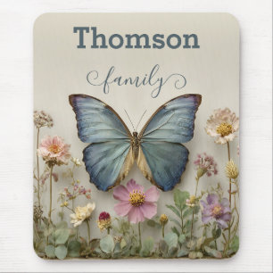 Vintage Blue Butterfly Floral Garden Family Mouse Pad