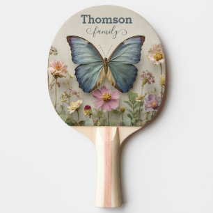 Vintage Blue Butterfly Floral Garden Family Ping Pong Paddle