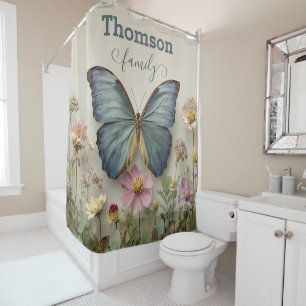 Vintage Blue Butterfly Floral Garden Family Shower Curtain