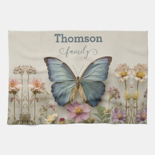 Vintage Blue Butterfly Floral Garden Family Tea Towel