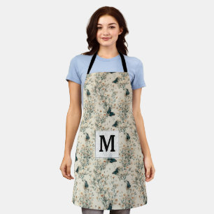 Vintage Blue Butterfly Floral Monogram Apron