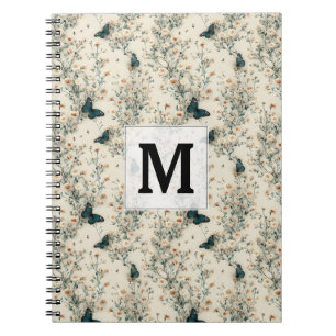 Vintage Blue Butterfly Floral Monogram Notebook