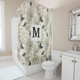 Vintage Blue Butterfly Floral Monogram Shower Curtain