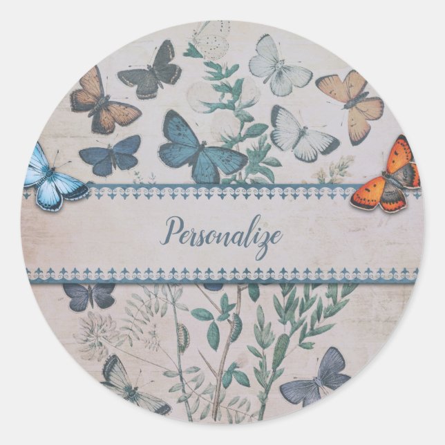 Vintage Blue Butterfly Pattern Personalised Classic Round Sticker (Front)
