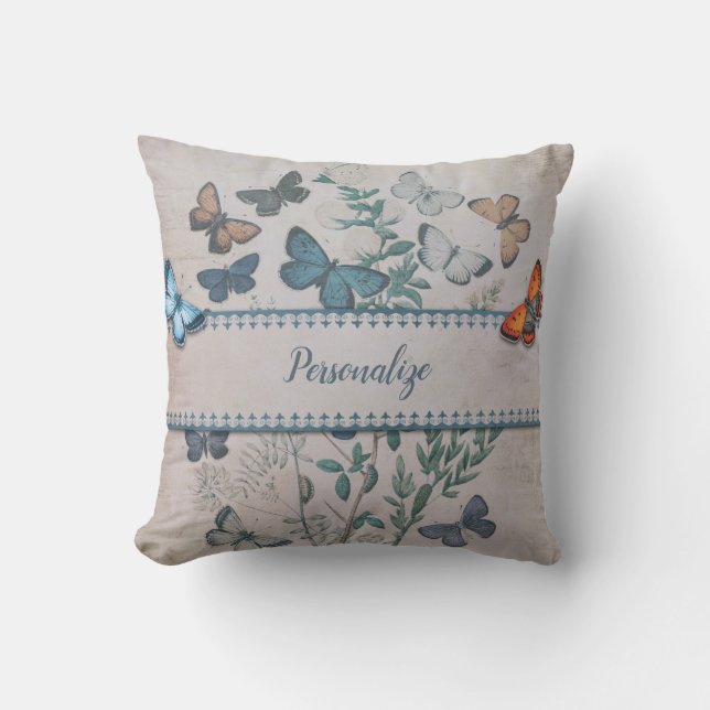 Vintage Blue Butterfly Pattern Personalised Cushion (Front)