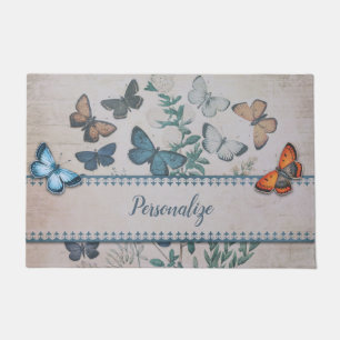Vintage Blue Butterfly Pattern Personalised Doormat