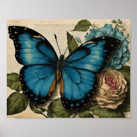Vintage Blue Butterfly Pink Rose Blue Hydrangea 