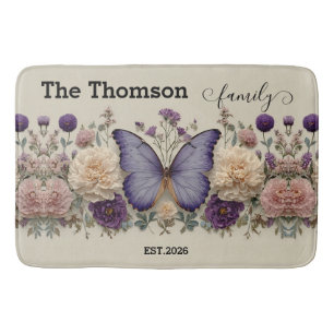 Vintage Blue Butterfly with Floral for Family Bath Mat