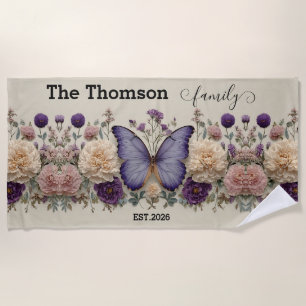 Vintage Blue Butterfly with Floral for Family Beach Towel
