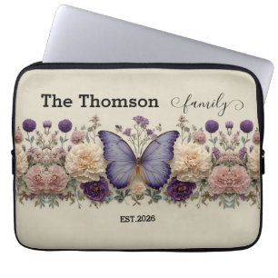 Vintage Blue Butterfly with Floral for Family Laptop Sleeve