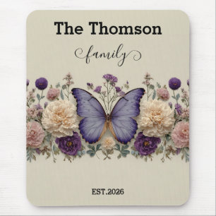 Vintage Blue Butterfly with Floral for Family Mouse Pad