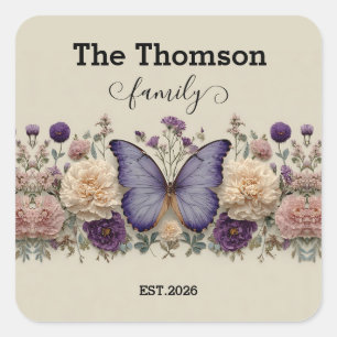 Vintage Blue Butterfly with Floral for Family Square Sticker