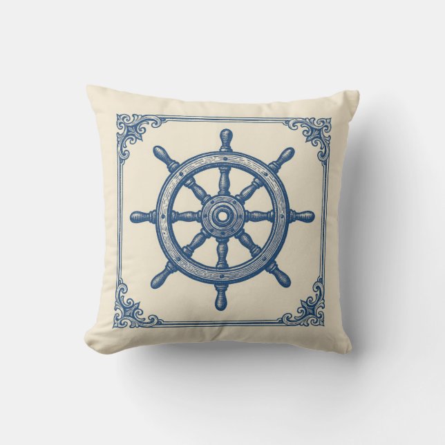 Vintage Blue Captain's Wheel Nautical Coastal Cushion (Front)