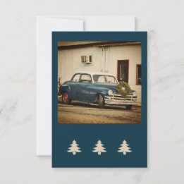 Vintage Blue Car Holiday Flat Greeting Card
