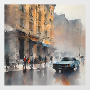 Vintage Blue Car in Foggy Cityscape