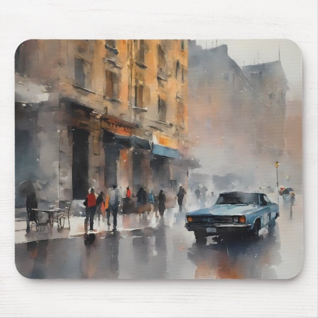 Vintage Blue Car in Foggy Cityscape Mouse Pad (Front)