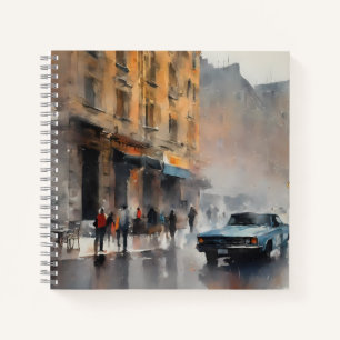 Vintage Blue Car in Foggy Cityscape Notebook