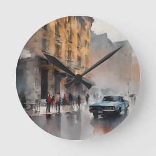 Vintage Blue Car in Foggy Cityscape Round Clock