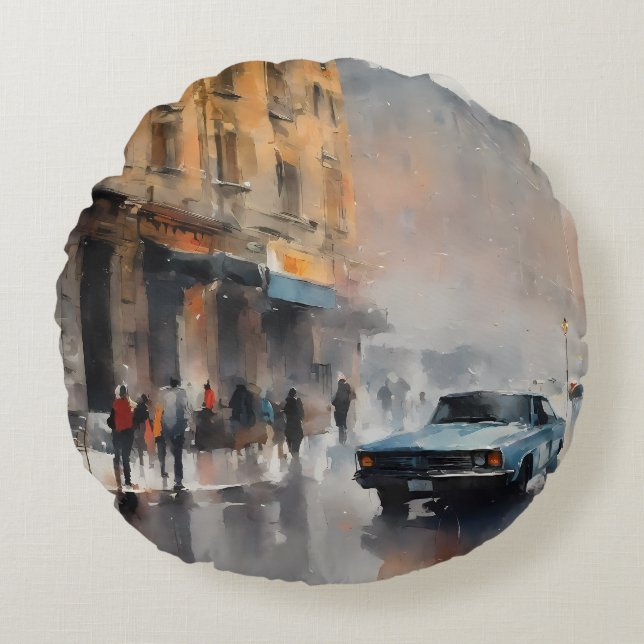 Vintage Blue Car in Foggy Cityscape Round Cushion (Front)