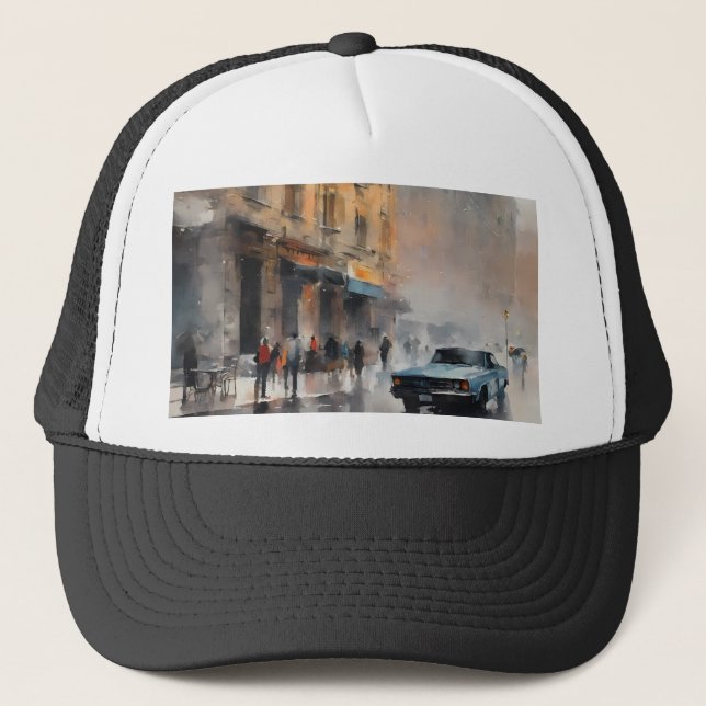 Vintage Blue Car in Foggy Cityscape  Trucker Hat (Front)