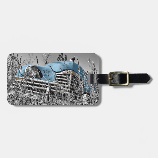 vintage blue car luggage tag (Front Horizontal)