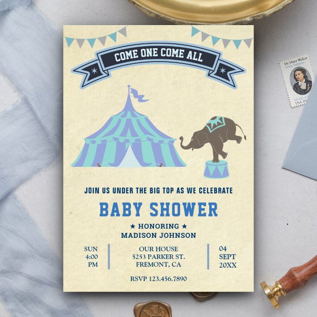 Vintage Blue Carnival Circus Baby Shower Invitation (Creator Uploaded)