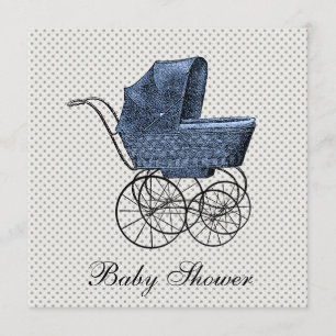 Vintage Blue Carriage Pram Baby Boy Shower Invitation