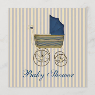 Vintage Blue Carriage Pram Vintage Baby Boy Shower Invitation