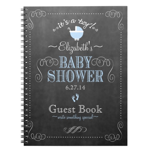 Vintage Blue Chalkboard Look Baby Shower Guestbook Notebook (Front)