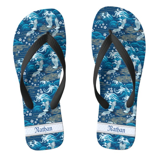 Vintage Blue Chinese Pattern Waves Cranes Clouds  Jandals (Footbed)