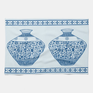 Vintage Blue Chinoiserie Ginger Jars Vases Tea Towel