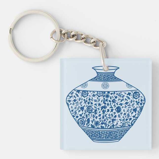 Vintage Blue Chinoiserie Vase Ginger Jar Key Ring (Front)