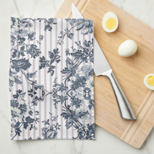 Vintage Blue Chintz And Pinstriped Pattern Tea Towel
