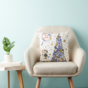 Vintage Blue Christmas Bird Flowers Tree Cushion