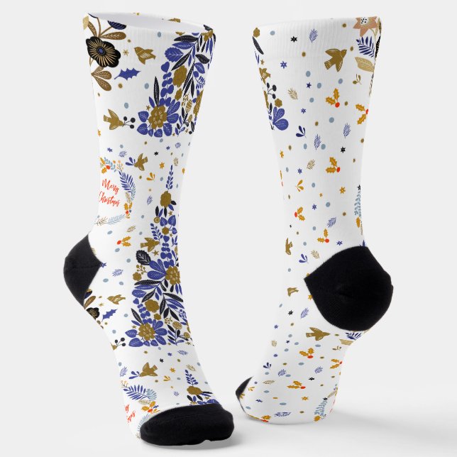 Vintage Blue Christmas Bird Flowers Tree Socks (Angled)