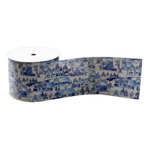 Vintage Blue Christmas Holiday Village Grosgrain Ribbon