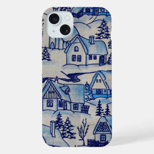 Vintage Blue Christmas Holiday Village iPhone 15 Plus Case