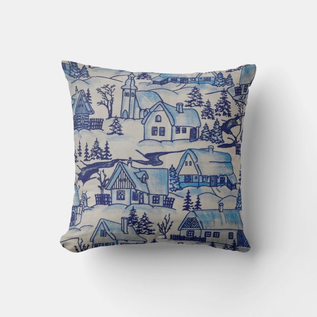 Vintage Blue Christmas Holiday Village Outdoor Cushion (Front)